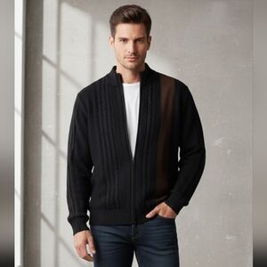 Vintage Tagio Cable Knit Cardigan Zip Sweater, Wool Suede Black/ Brown, Men's XL